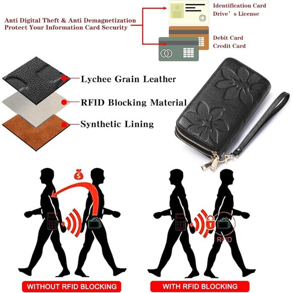 Women Black Leather Wallet Large Capacity Double Zip Ladies Card Phone Holder - Picture 4 of 9